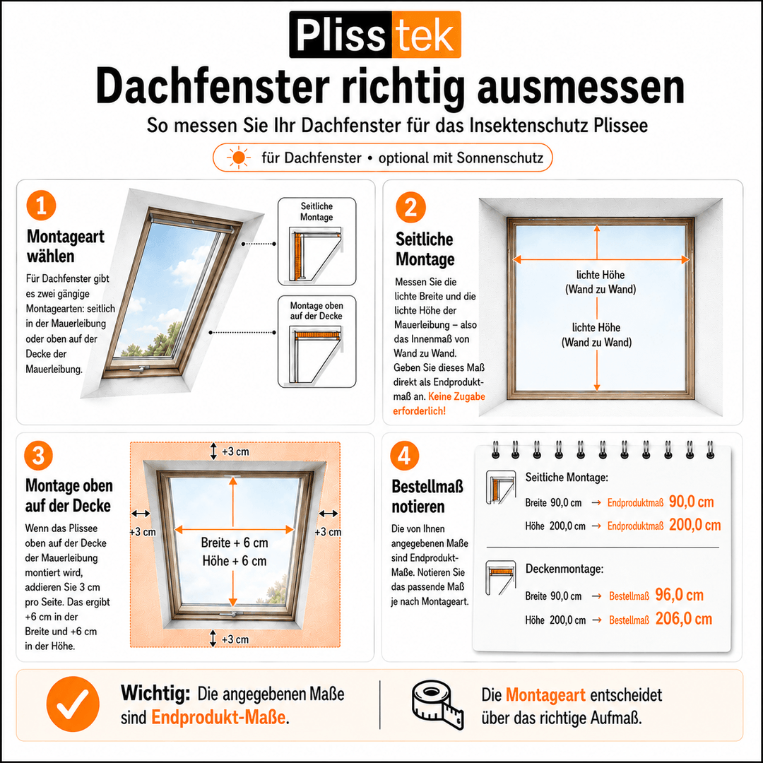 Insektenschutz Plissee für Dachfenster – optional mit Sonnenschutz (schrauben oder kleben) - Plisstek