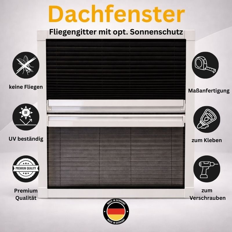 Insektenschutz Plissee für Dachfenster – optional mit Sonnenschutz (schrauben oder kleben) - Plisstek
