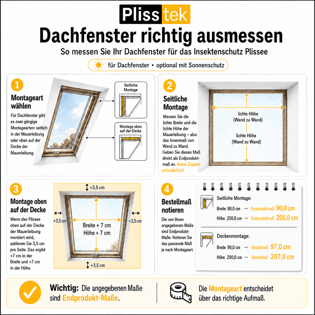 Insektenschutz Plissee Pro für Dachfenster – optional mit Sonnenschutz (schrauben oder kleben) (Kopie) - Plisstek
